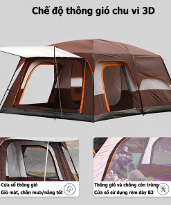 Lều Cắm Trại Camping 5-8 Người 2 Phòng 2 Lớp rộng thoáng Chống gió chống Côn Trùng (mã LT39.1)